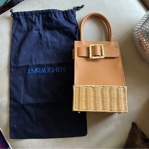 NEW - J. McLaughlin Avenue -Camel Leather & Natural Wicker Top-Handle Mini Bag